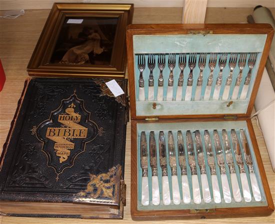 A cased set of plated dessert eaters, a crystoleum and a Victorian family bible